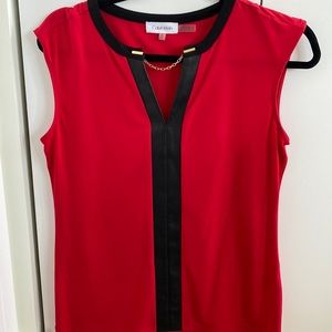 Calvin Klein | Size Small | Red Sleeveless Blouse with Faux Leather Accents